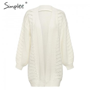 Simplee Autumn women shrug knitted cardigan Casual long white hollow out cardigan sweater Loose winter female outerwear coat new White